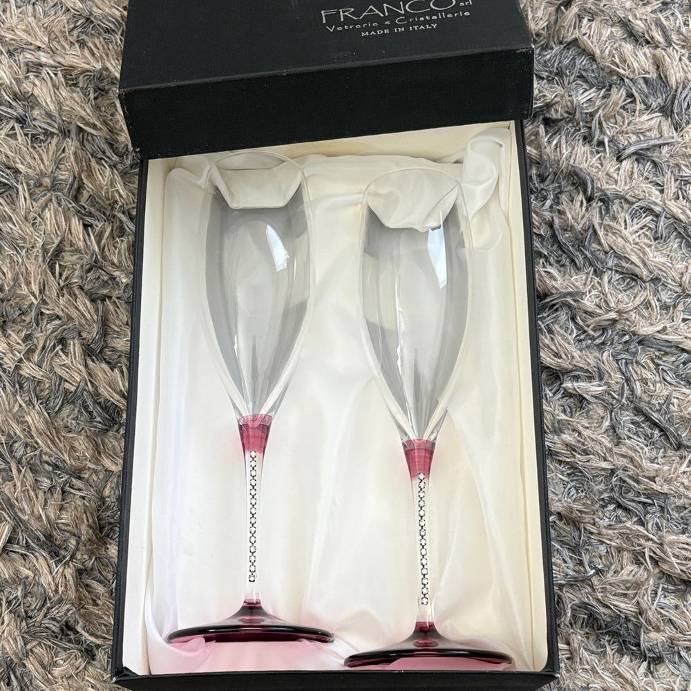 Franco Glass Champagne Flutes with Crystals & Pink Accents, One Pair
